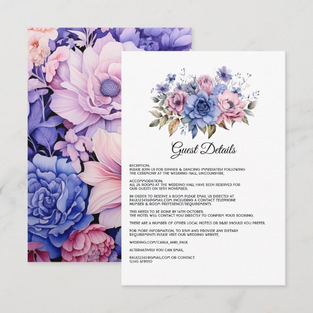 Petal Pink, Cornflower Blue & Mauve Gastdetails Begleitkarte (Vorne/Hinten)