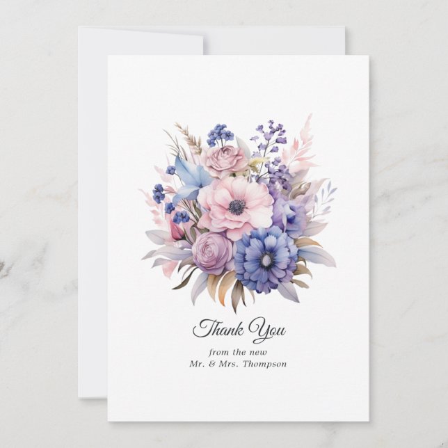 Petal Pink, Cornflower Blue & Mauve Lila Hochzeit Dankeskarte (Vorderseite)