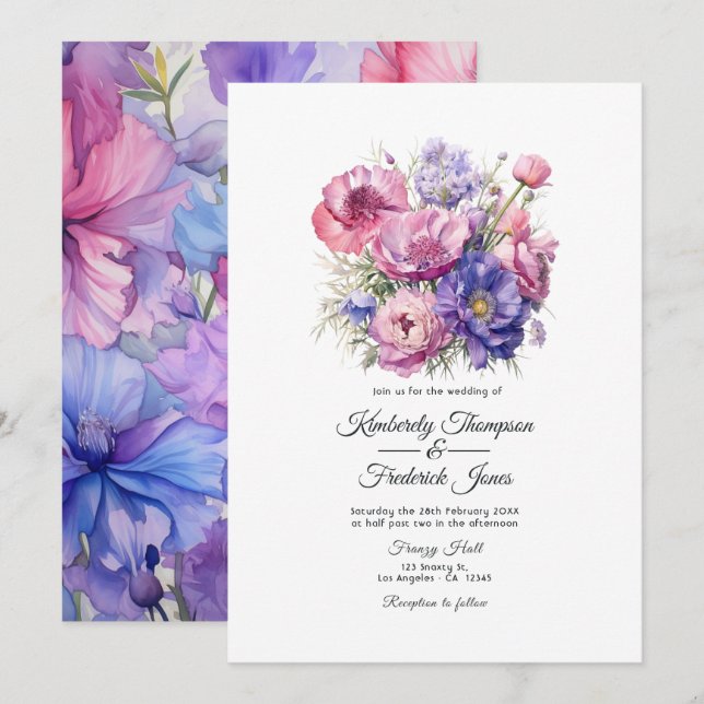 Petal Pink, Cornflower Blue & Mauve Lila Hochzeit Einladung (Vorne/Hinten)
