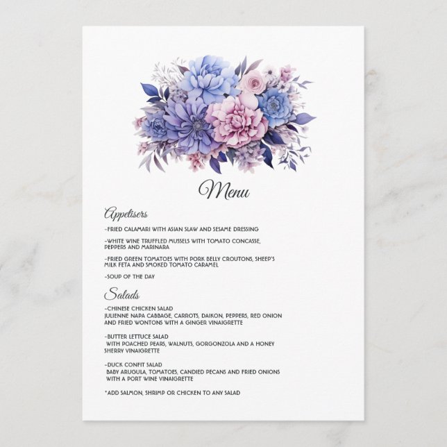 Petal Pink, Cornflower Blue & Mauve Lila Hochzeit Menükarte (Vorderseite)