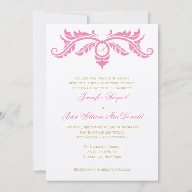 Petal Pink und Gold Scroll auf Ivory Felt Paper Einladung (Vorderseite)