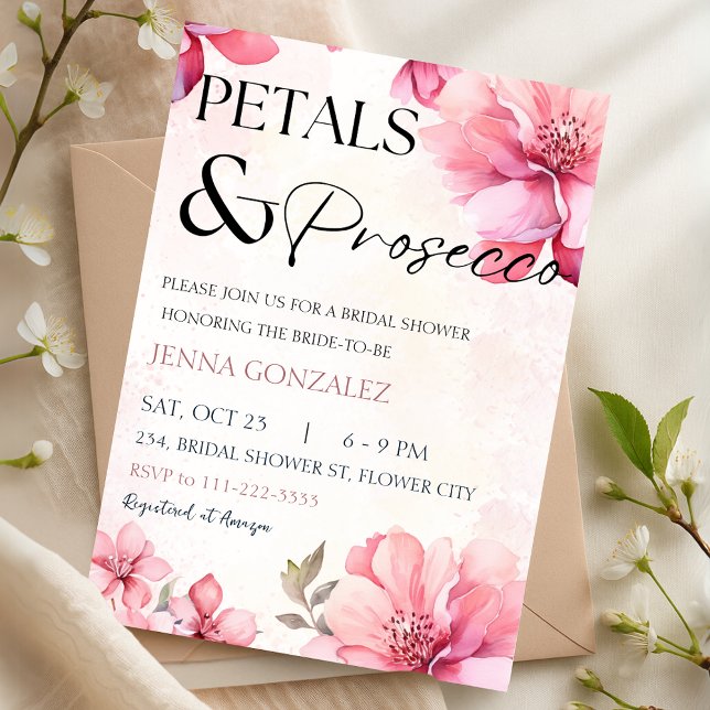 Petalen und Prosecco-Brautparty Einladung (Petals and Prosecco Floral Bridal Shower Invitation)