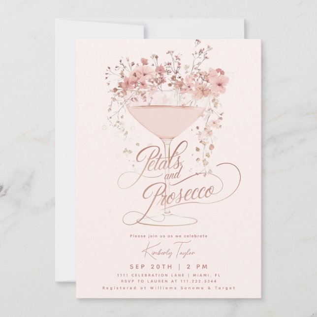 Petalen und Prosecco-rosa Wildblumen Brautparty Einladung (Vorderseite)