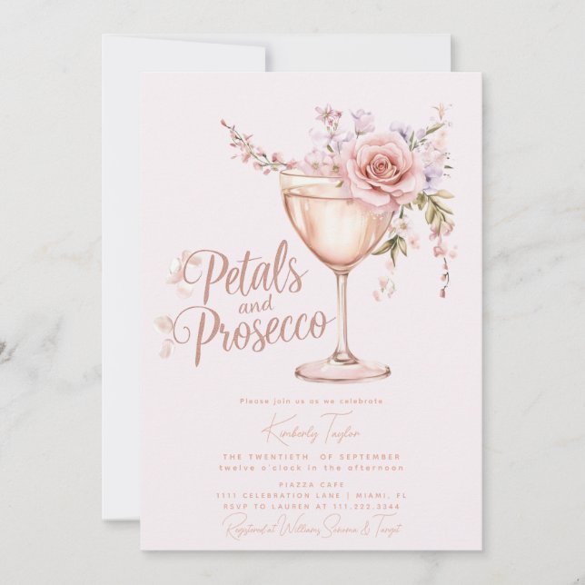 Petalen und Prosecco-Rose-Brautparty Einladung (Vorderseite)