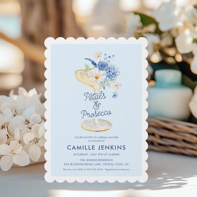 Pétales bleus et invitation de la mariée du Procur (Petals and Prosecco Blue Floral Invitation )