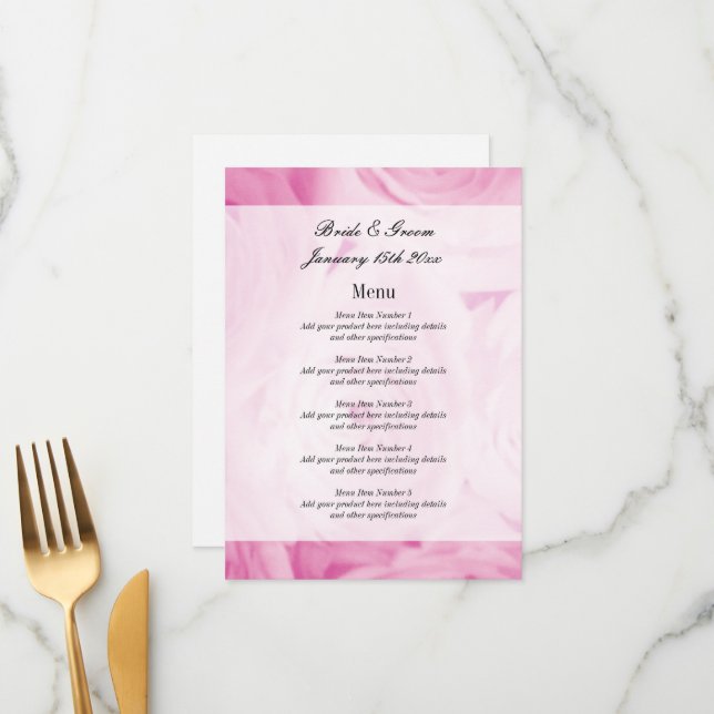 Pétales de fleurs de rose chic mariage menu modèle (Devant/Arrière en situation)