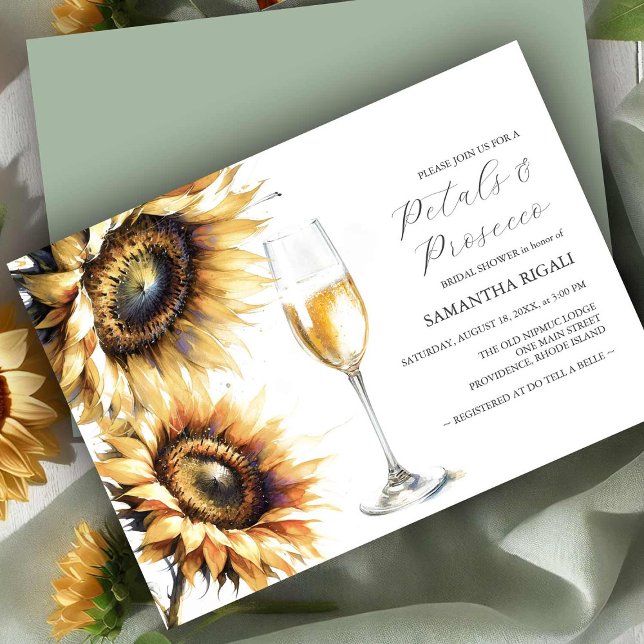 Pétales de tournesol et Invitations de la Fête des (Bridal shower invitations watercolor sunflowers and Prosecco by Victoria Grigaliunas DoTellABelle)