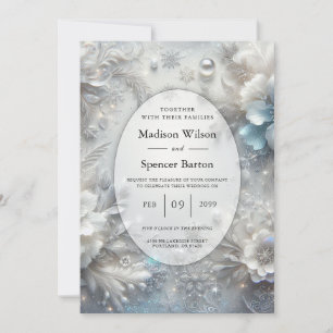 Pétales enneigés dans une invitation de mariage à