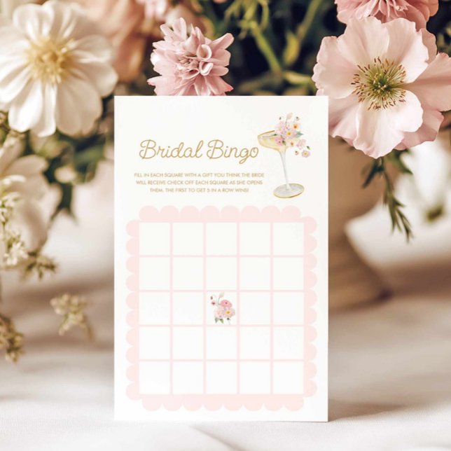 Pétales et Parrain Bridal Bingo Carte de jeu (Pink Petal and Prosecco Bridal Bingo Game Card
)