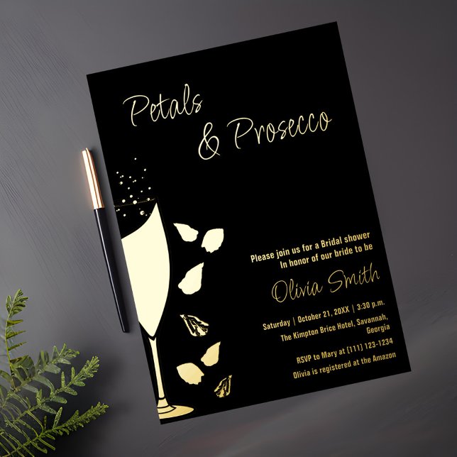 Pétales et Prosecco Black Gold Elegant Invitation (Créateur téléchargé)