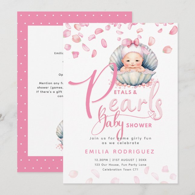 Petals and Pearls Pink Baby Girl Dusche Einladung (Vorne/Hinten)