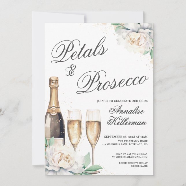 Petals And Prosecco Bridal Shower Einladung (Vorderseite)