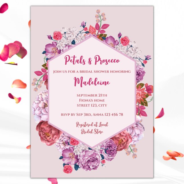 Petals And Prosecco Floral Bridal Shower Einladung (petals and prosecco bridal shower invitation pink floral wreath)