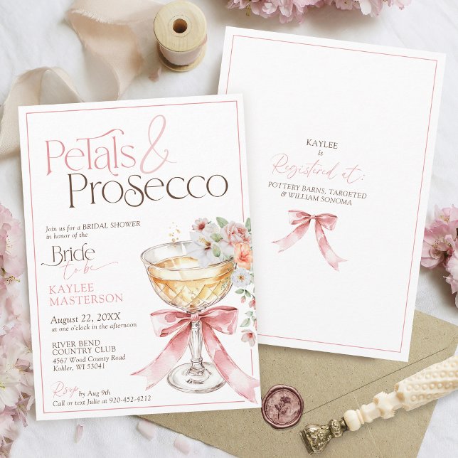 Petals and Prosecco Floral Champagne Bridal Shower Einladung (Petals and Prosecco pink watercolor coquette elegant floral champagne coupe bridal shower invitation)
