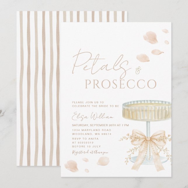 Petals and Prosecco Ivory Bow Bridal Shower  Einladung (Vorne/Hinten)