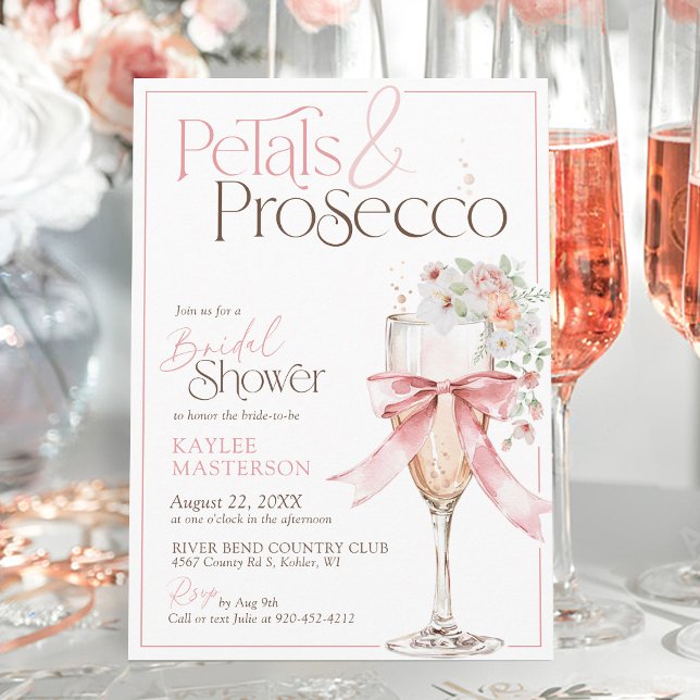Petals and Prosecco Pink Floral Bridal Shower Einladung (Petals and Prosecco Watercolor floral champagne pink coquette bow elegant bridal shower invitation)
