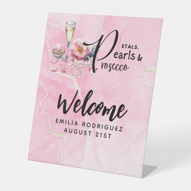 Petals Pearls Prosecco Favors Brautparty Sockelschild (Vorderseite)