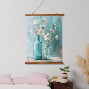 Petals & Porzellan: Bauernhof Rose Vase Wasserfarb Wandteppich Mit Holzrahmen