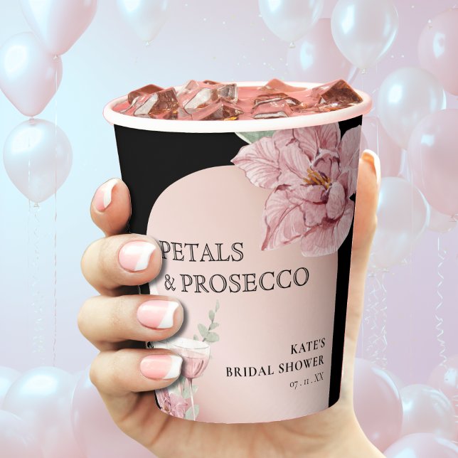 Petals & Prosecco Black & Rose Gold Brautparty Pappbecher (Petals & Prosecco Black & Rose Gold Bridal Shower Paper Cups
)