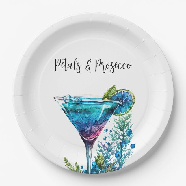 Petals & Prosecco Blue Floral Brautparty Pappteller (Vorderseite)