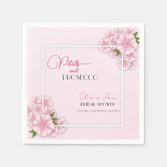 Petals & Prosecco Blumenstrauch Rosa Brautparty Serviette (Vorderseite)