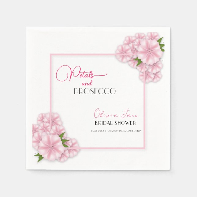 Petals & Prosecco Blumenstrauch Rosa Brautparty Serviette (Vorderseite)