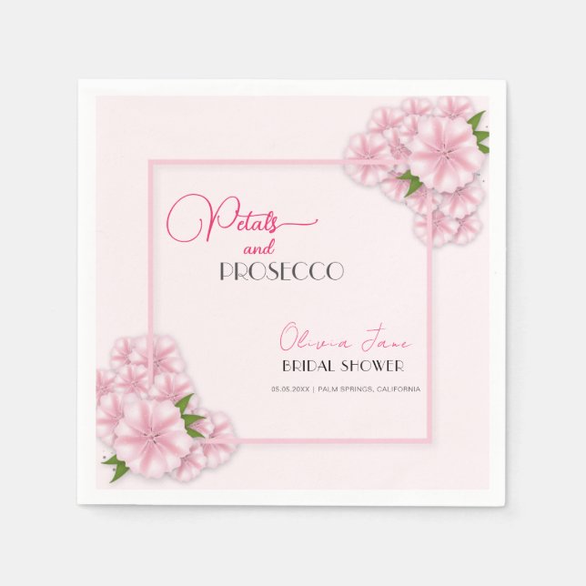 Petals & Prosecco Blumenstrauch Rosa Brautparty Serviette (Vorderseite)