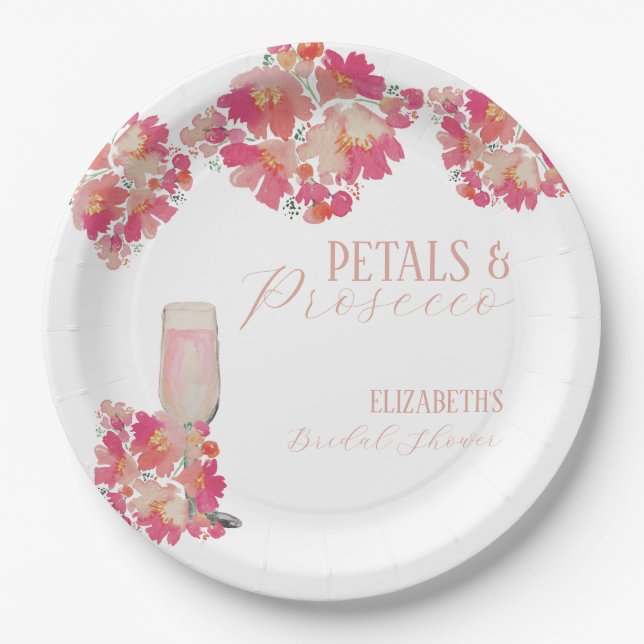Petals & Prosecco Brautparty Blumenrosa Pappteller (Vorderseite)