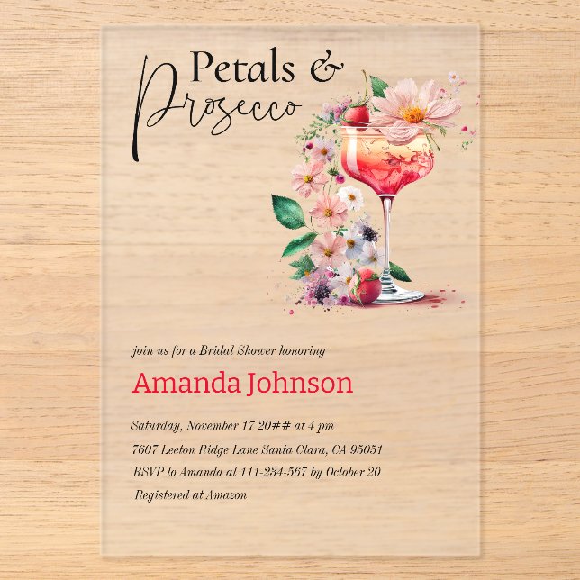Petals & Prosecco Brautparty Brunch Acryleinladungen (Vorderseite)