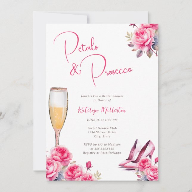 Petals & Prosecco Brautparty Einladung (Vorderseite)