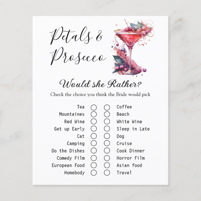 Petals & Prosecco Brautparty Game Card (Vorderseite)