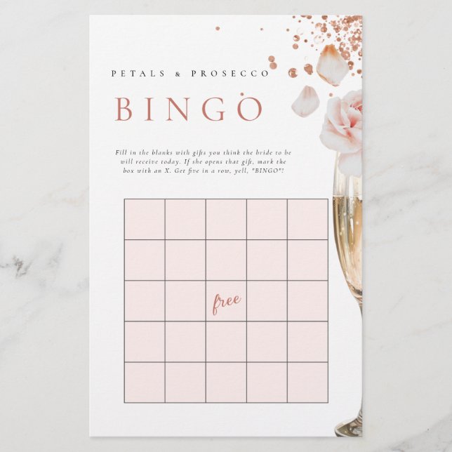 Petals & Prosecco Brautparty Geschenk Bingo Spiel Briefpapier (Vorderseite)