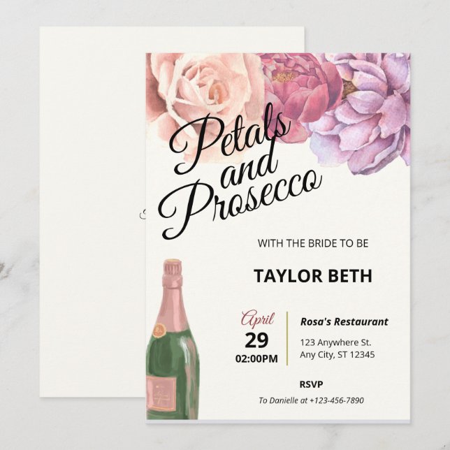 Petals & Prosecco Bridal Dusche Einladung (Vorne/Hinten)
