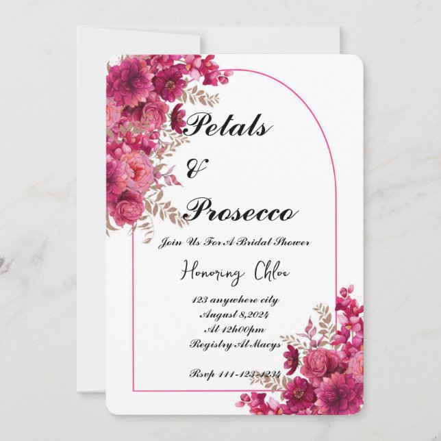PETALS & PROSECCO BRIDAL SHOWING INVITATION, PINK EINLADUNG (Vorderseite)