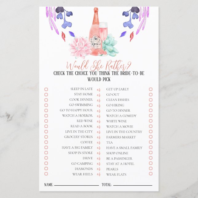 Petals & Prosecco Bridal Spiel würde sie lieber (Vorderseite)