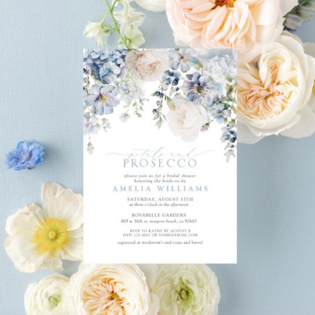 Petals & Prosecco Dusty Blue Floral Brautparty Einladung (Easily personalize this beautiful petals and Prosecco bridal shower invite for the perfect event!)