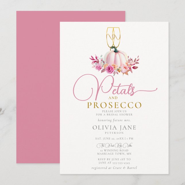 Petals Prosecco ernten Rose Fall Brautparty Einladung (Vorne/Hinten)
