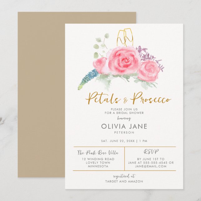 Petals Prosecco Floral Gold Bubbly Brautparty Einladung (Vorne/Hinten)