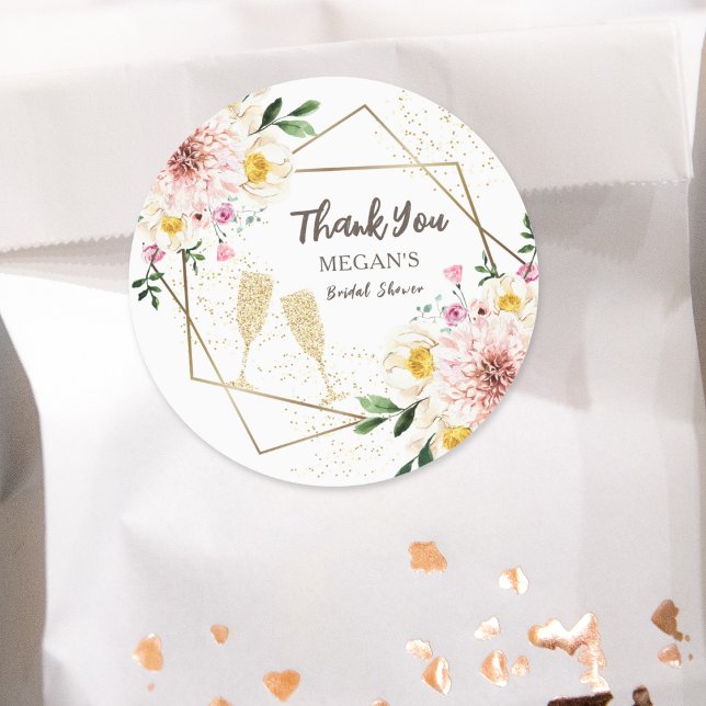 Petals & Prosecco | Floral Rose Gold Brautparty Runder Aufkleber (Von Creator hochgeladen)