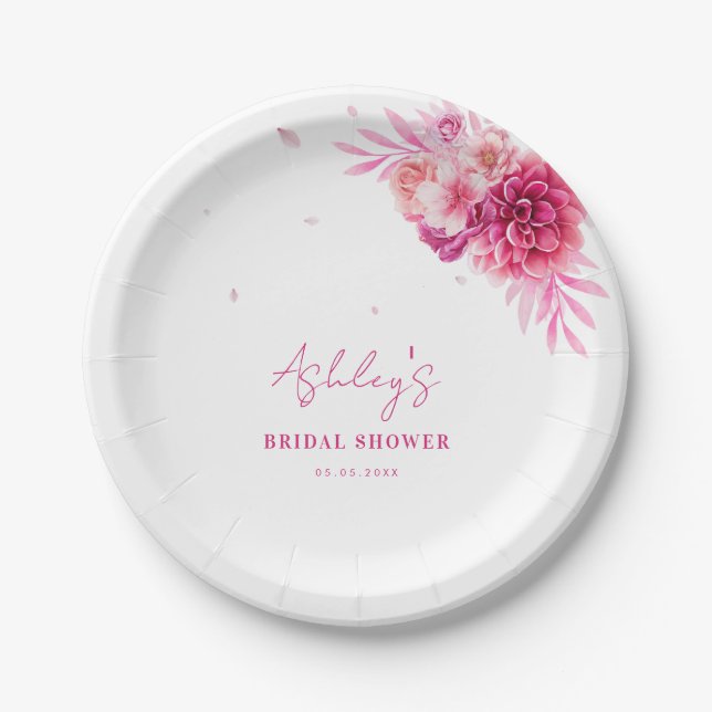 Petals & Prosecco Hot Pink Brautparty Pappteller (Vorderseite)