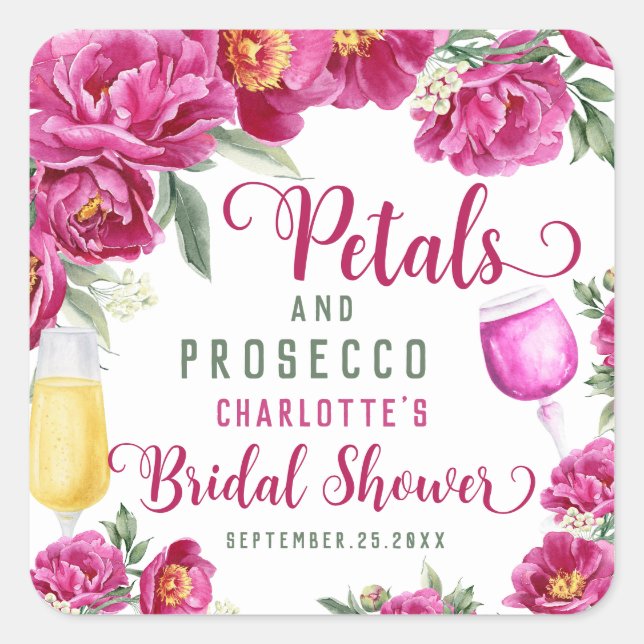 Petals & Prosecco Hot Pink Brautparty Quadratischer Aufkleber (Vorderseite)