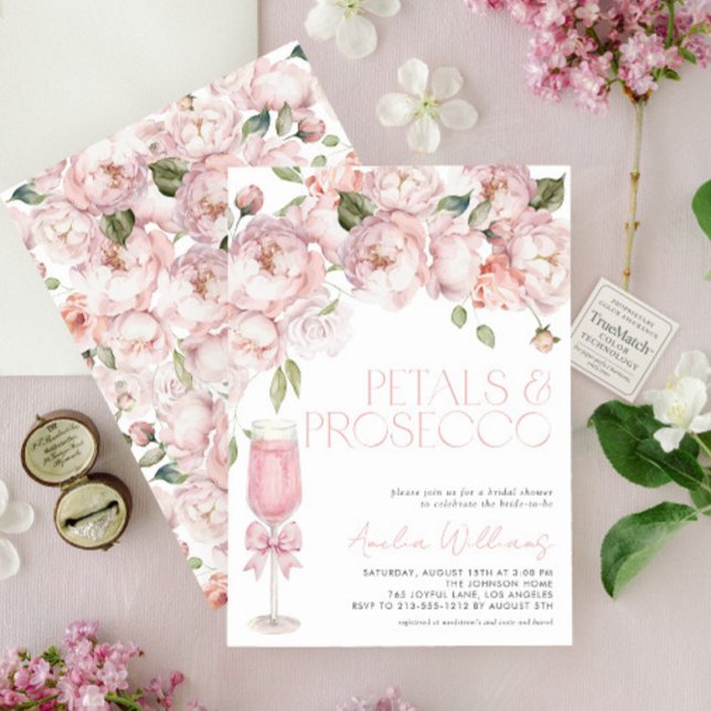 Petals & Prosecco Pink Bow Brautparty Einladung (Von Creator hochgeladen)