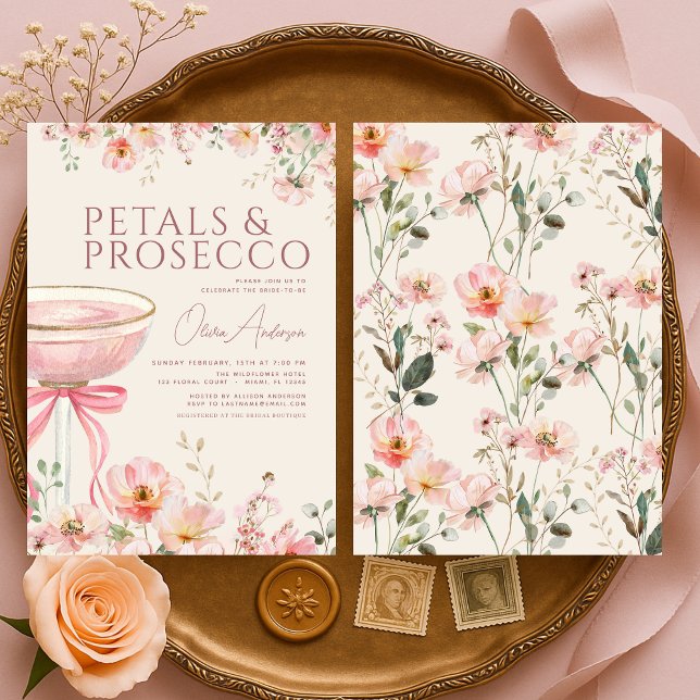 Petals & Prosecco Pink Coquette Bow Bridal Shower  Einladung (Von Creator hochgeladen)