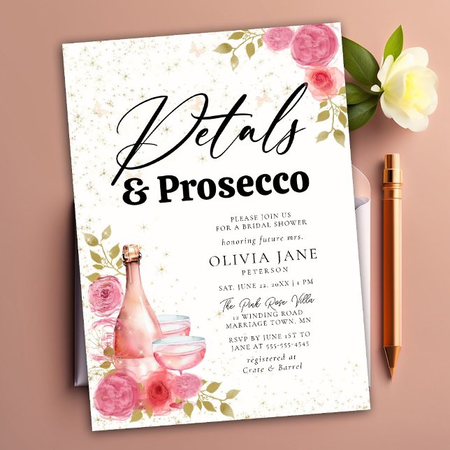 Petals Prosecco Pink Floral Gold Brautparty Einladung (Von Creator hochgeladen)