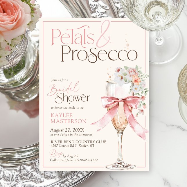Petals & Prosecco Pink Floral Ivory Bridal Shower Einladung (Ivory and pink Petals and Prosecco watercolor floral champagne flute pink bow bridal shower invite)