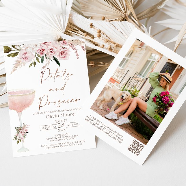 Petals Prosecco QR Code Boho Brautparty Einladung (Bohemian petals and prosecco bridal shower invitation with champagne glass, QR code and photo.)