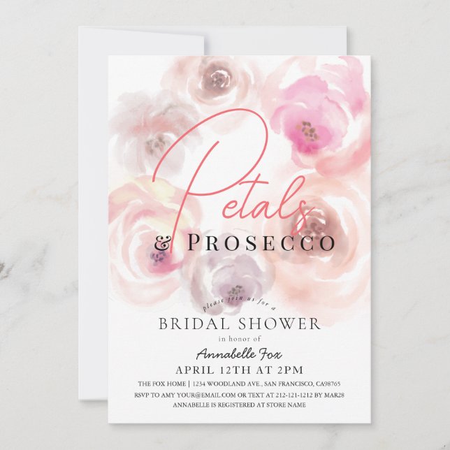 Petals & Prosecco Rose Brautparty Einladung (Vorderseite)