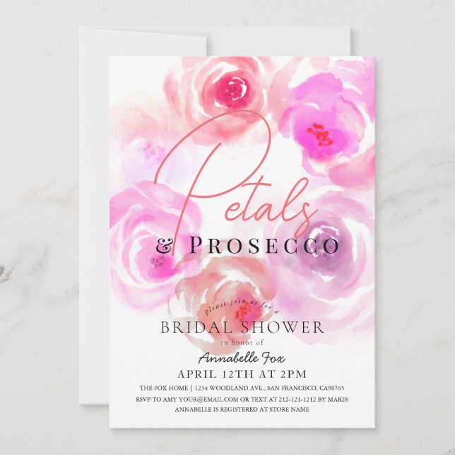 Petals & Prosecco Rose Brautparty Einladung (Vorderseite)