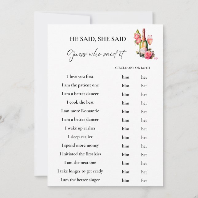 Petals sagte er, sie sagte Brautparty Game Card (Vorderseite)