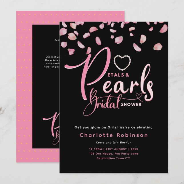 PETALS UND PEARLS Pink Black Chic Brautparty Einladung (Vorne/Hinten)